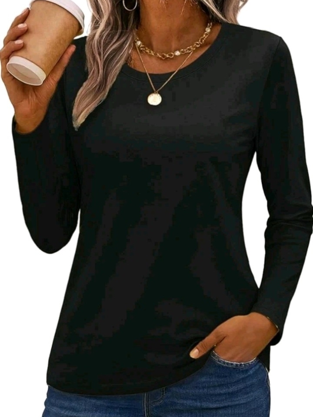 Black Long Sleeve Crewneck Women's Top